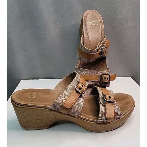 Dansko Women’s Sandal Jessie Size 40 US 9 Wedge Platform Tan Leather Slide Shoe - Picture 1 of 16
